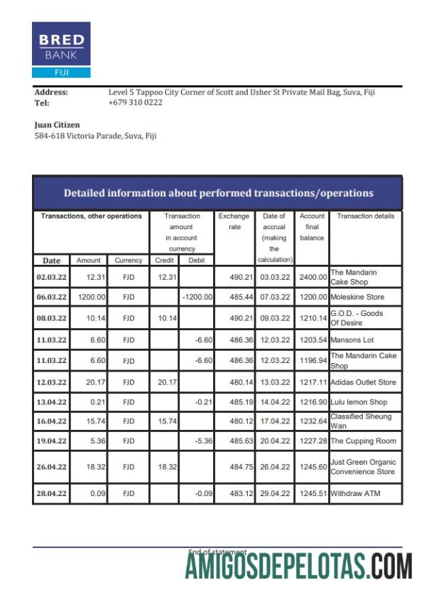 Fiji Bred Bank Statment Xls amostra